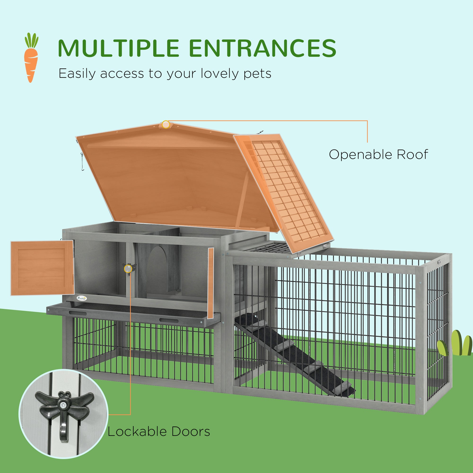 Wood Rabbit Hutch w/ Ramp, Openable Roof, Pull-out Tray, Light Grey Rabbit Hutch at Gallery Canada