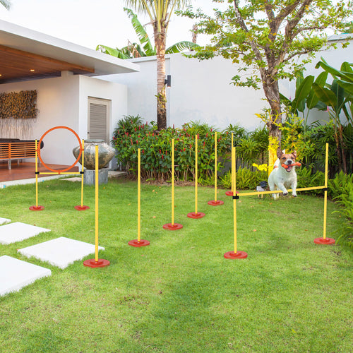 3PCs Portable Pet Agility Training Obstacle Set for Dogs w/ Adjustable Weave Pole, Jumping Ring, Adjustable High Jump