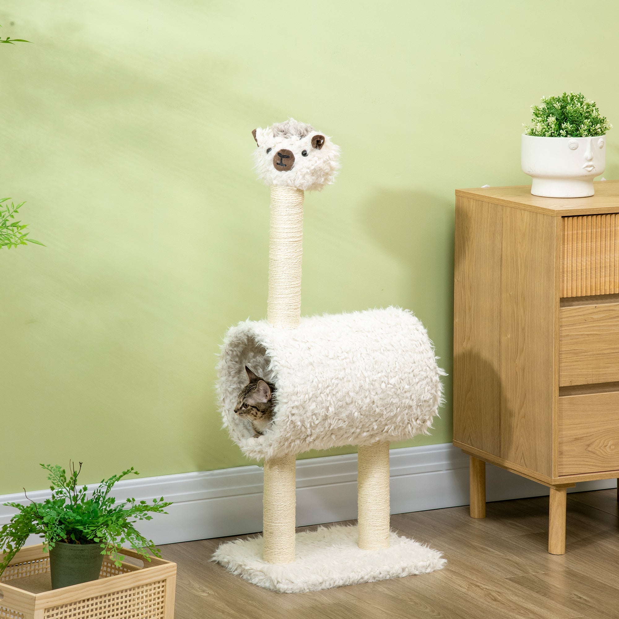 Cat Tree Alpaca-shaped Kitty Tower with Tunnel Sisal Scratching Post, 15.4