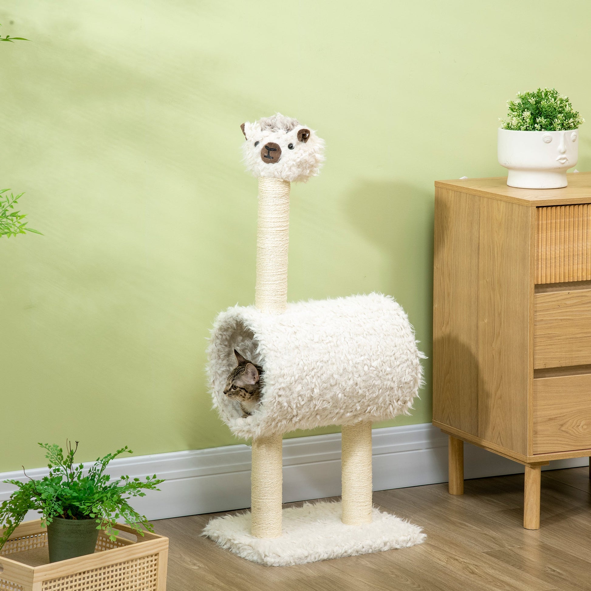 Cat Tree Alpaca-shaped Kitty Tower with Tunnel Sisal Scratching Post, 15.4" x 11.8" x 37.4", Cream Cat Towers   at Gallery Canada