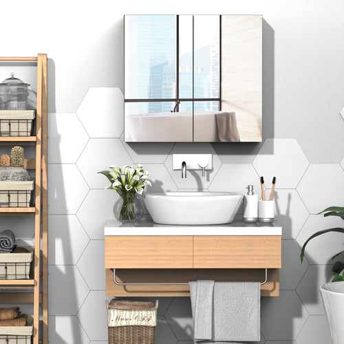 Wall Mounted Mirror Cabinet, Bathroom Medicine Cabinet with Mirror, 2 Doors and 3-tier Shelving, White
