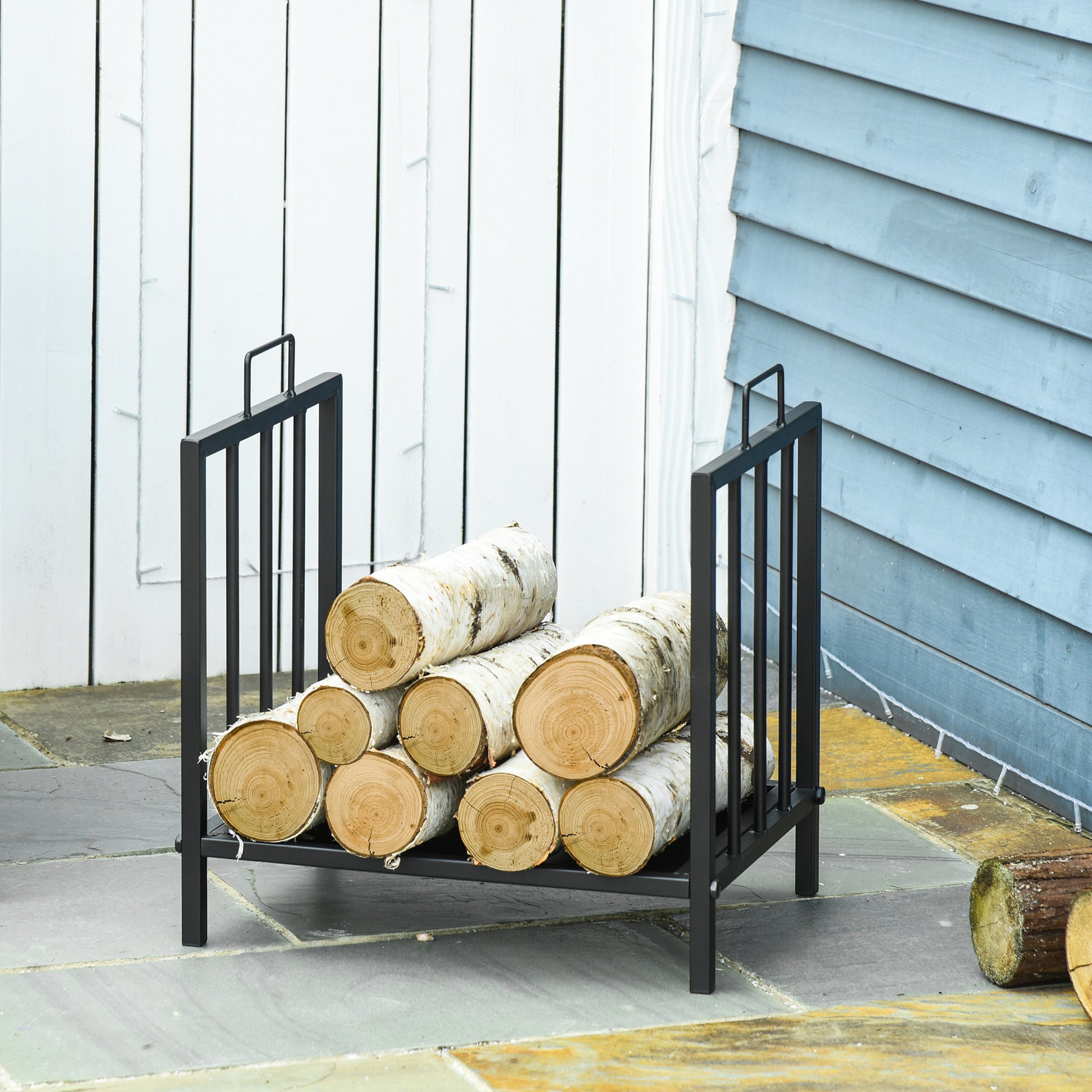 15.5" Firewood Rack Heavy-Duty Metal Wood Storage Log Holder with Side Handles, Indoor and Outdoor, Black Firewood Racks Black  at Gallery Canada