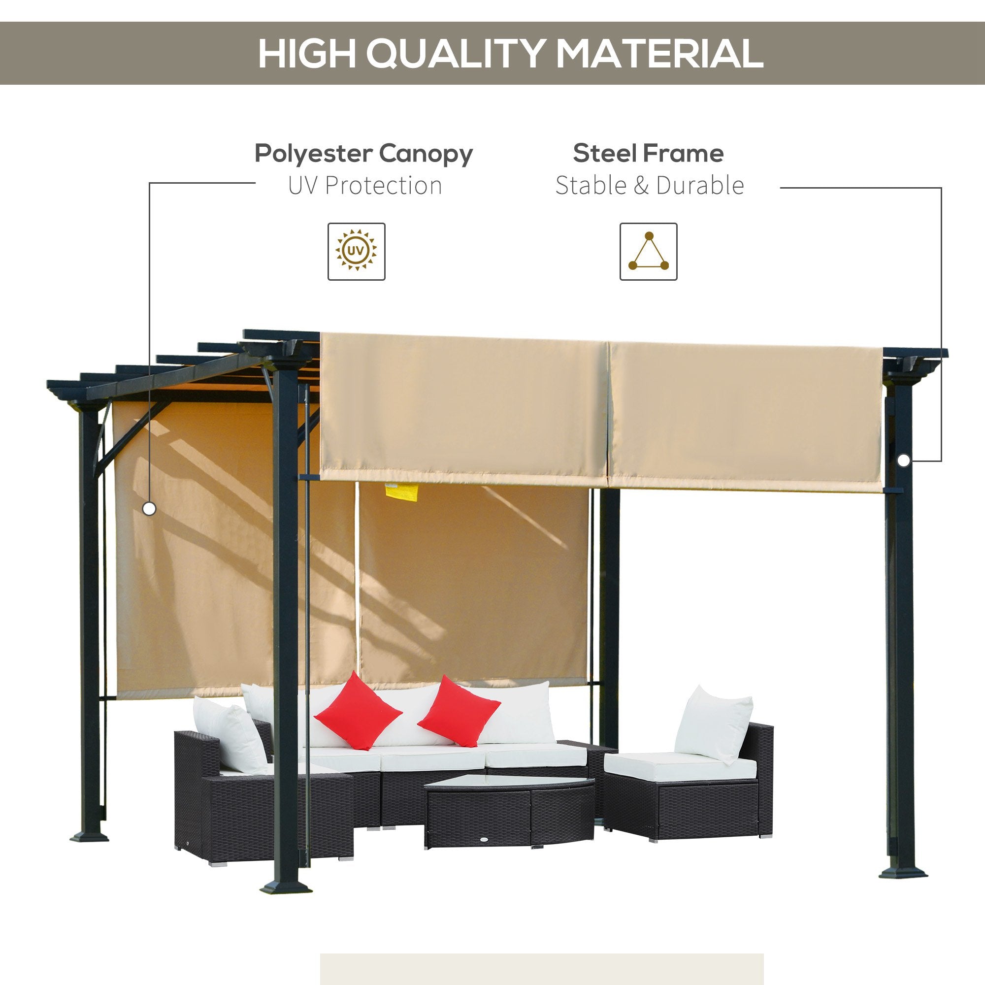 12' x 10' Outdoor Patio Gazebo Pergola with Retractable Canopy Roof, Steel Frame with Stakes, Unique Design, Beige Pergolas at Gallery Canada
