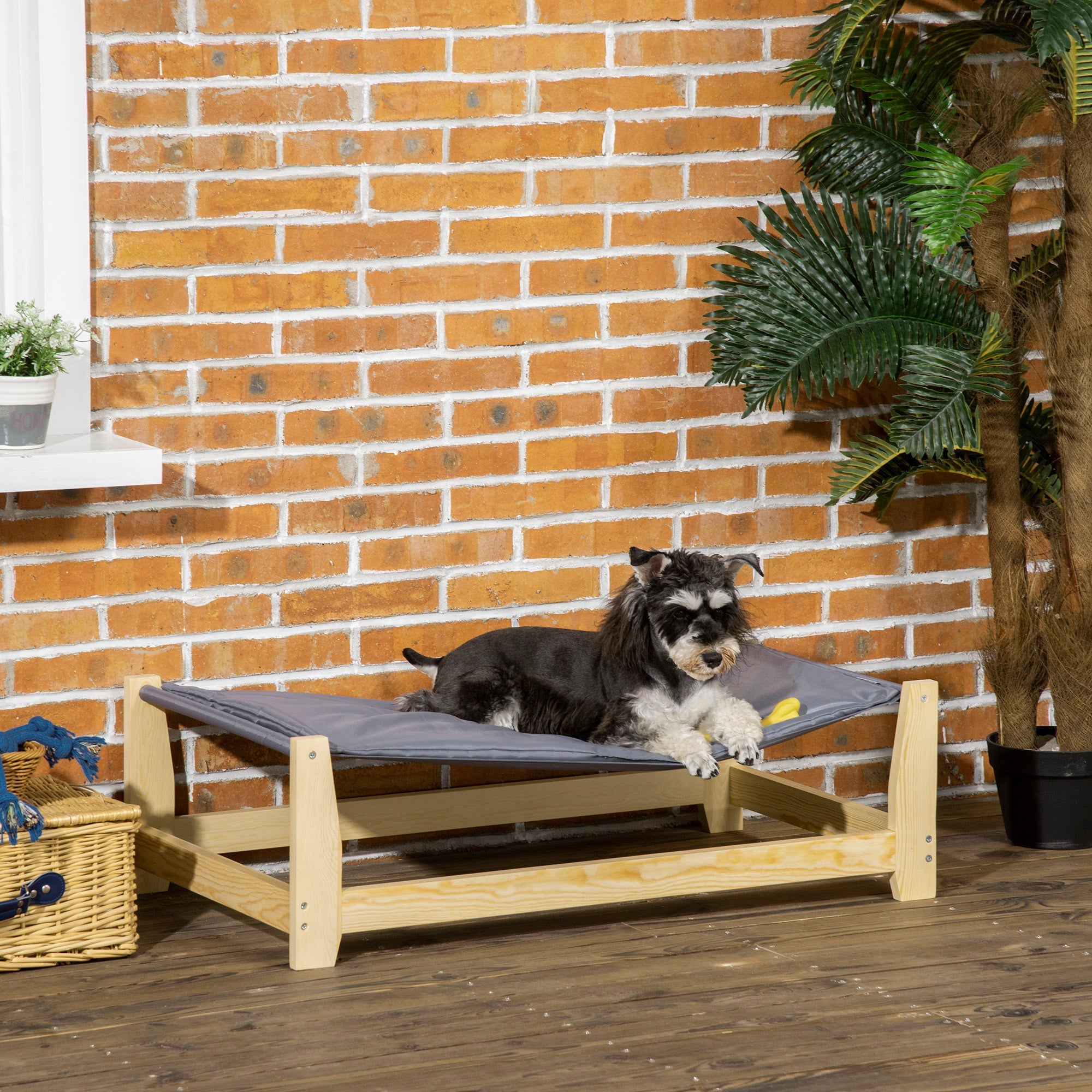 Raised Pet Bed Wooden Dog Cot with Cushion for Small Medium Sized Dogs Indoor Outdoor, 35.5