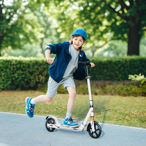 Foldable Kids Scooter with 4 Adjustable Height, Double Brake, Shock Absorption for Ages 6-12, White