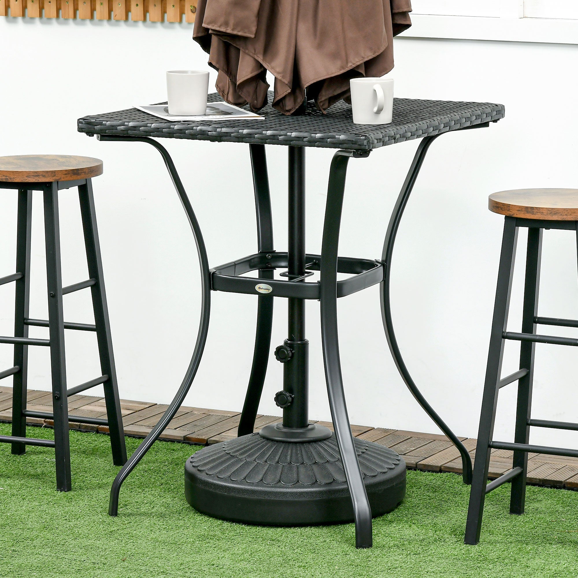 Outdoor Wicker Dining Table with Umbrella Hole, PE Rattan, Black Patio Side Tables   at Gallery Canada