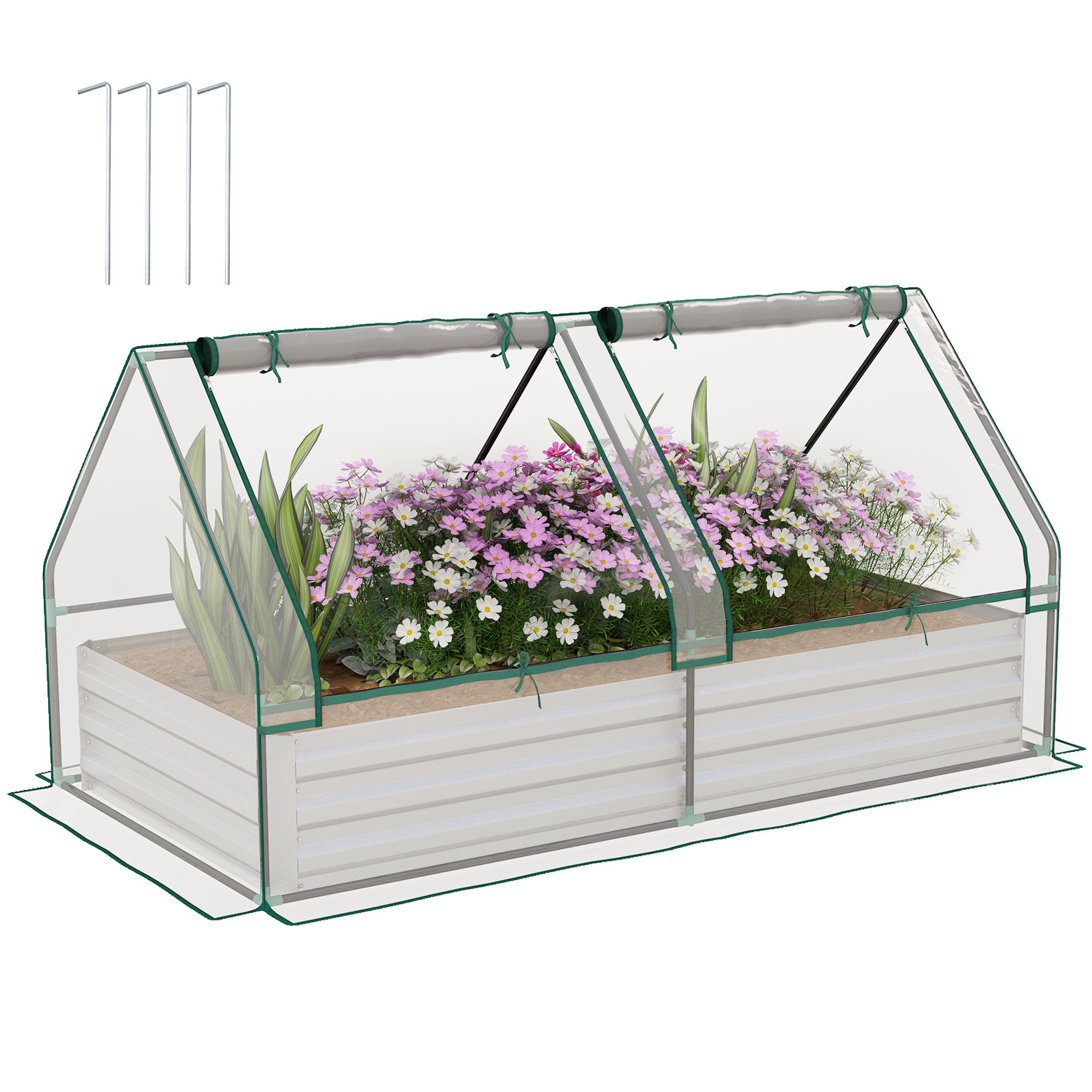 6' x 3' Metal Planter Box with Cover, Raised Garden Bed with Mini Greenhouse for Herbs, Vegetables, Clear and Silver Raised Garden Beds at Gallery Canada
