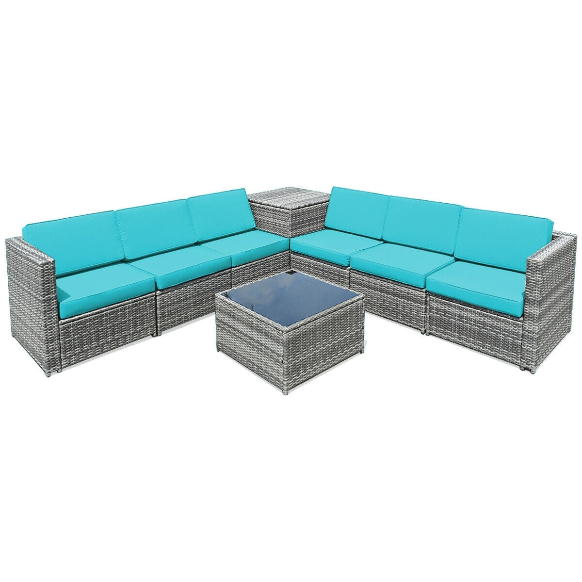 8 Piece Wicker Sofa Rattan Dinning Set Patio Furniture with Storage Table, Turquoise Outdoor Sectionals Turquoise  at Gallery Canada