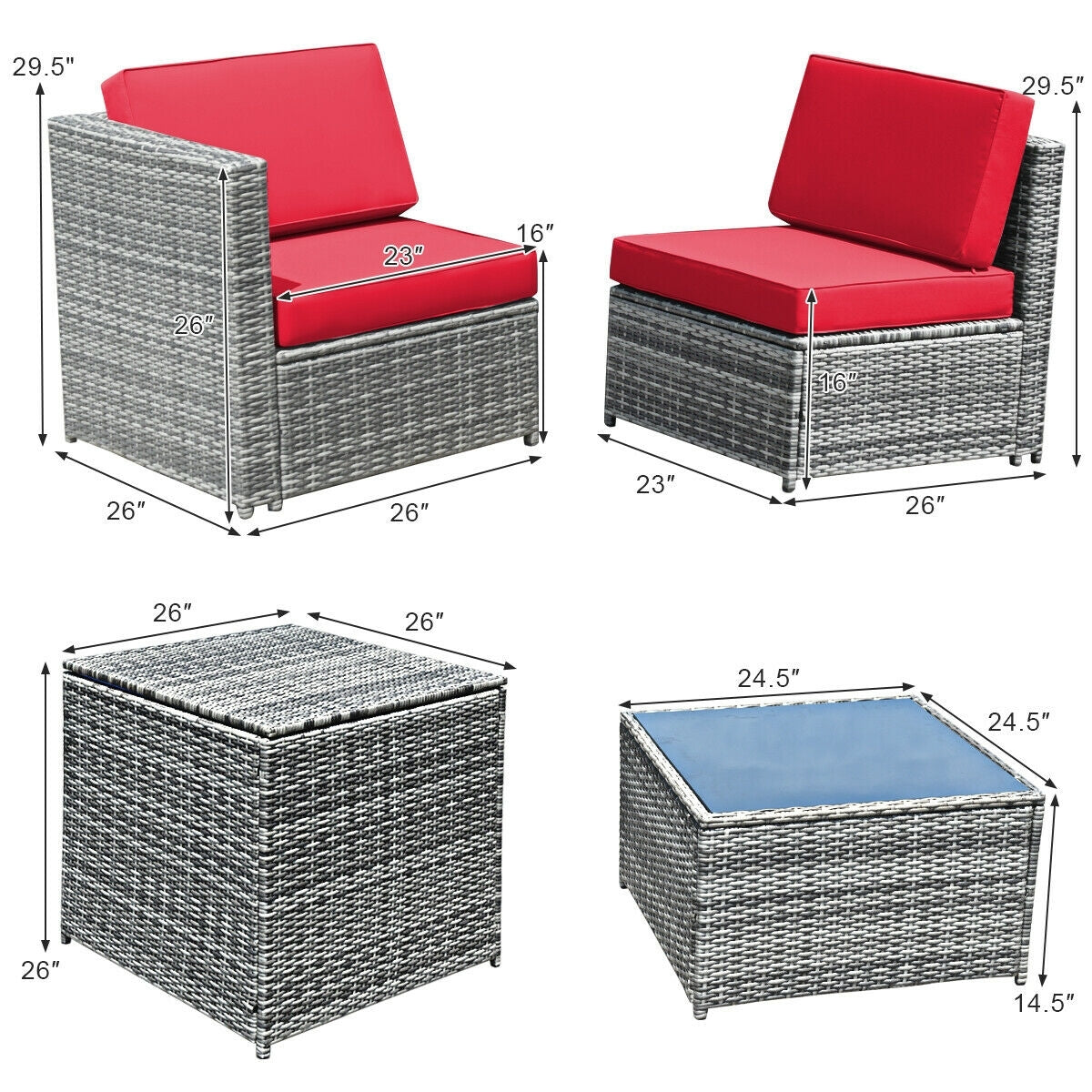 8 Piece Wicker Sofa Rattan Dinning Set Patio Furniture with Storage Table, Red Outdoor Sectionals   at Gallery Canada