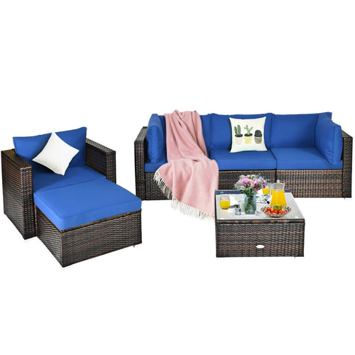 6 Pieces Patio Rattan Furniture Set with Sectional Cushion, Blue