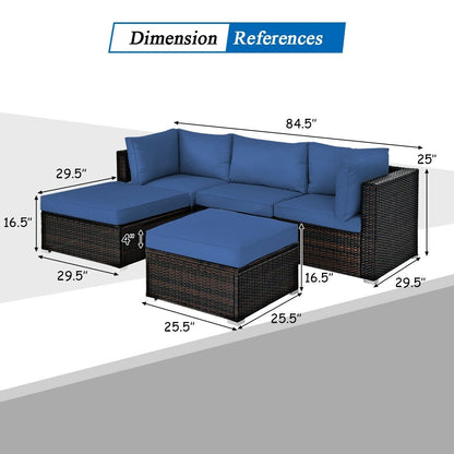 5 Pieces Patio Rattan Sofa Set with Cushion and Ottoman, Navy Outdoor Sectionals   at Gallery Canada