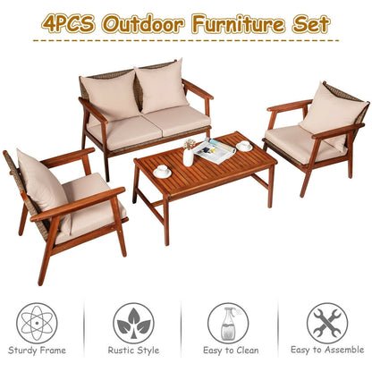 4 Pieces Acacia Wood Patio Rattan Furniture Set, Brown Patio Conversation Sets   at Gallery Canada