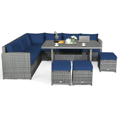 7 Pieces Patio Rattan Dining Furniture Sectional Sofa Set with Wicker Ottoman, Navy Outdoor Sectionals   at Gallery Canada