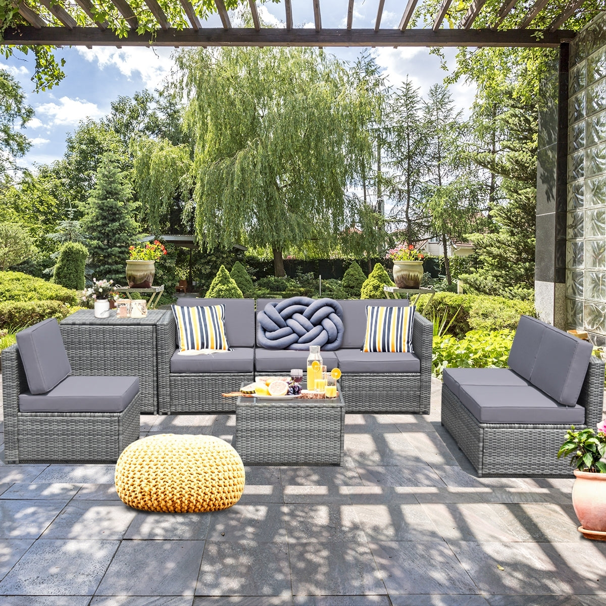 8 Pieces Wicker Sofa Rattan Dining Set Patio Furniture with Storage Table, Gray Outdoor Sectionals   at Gallery Canada