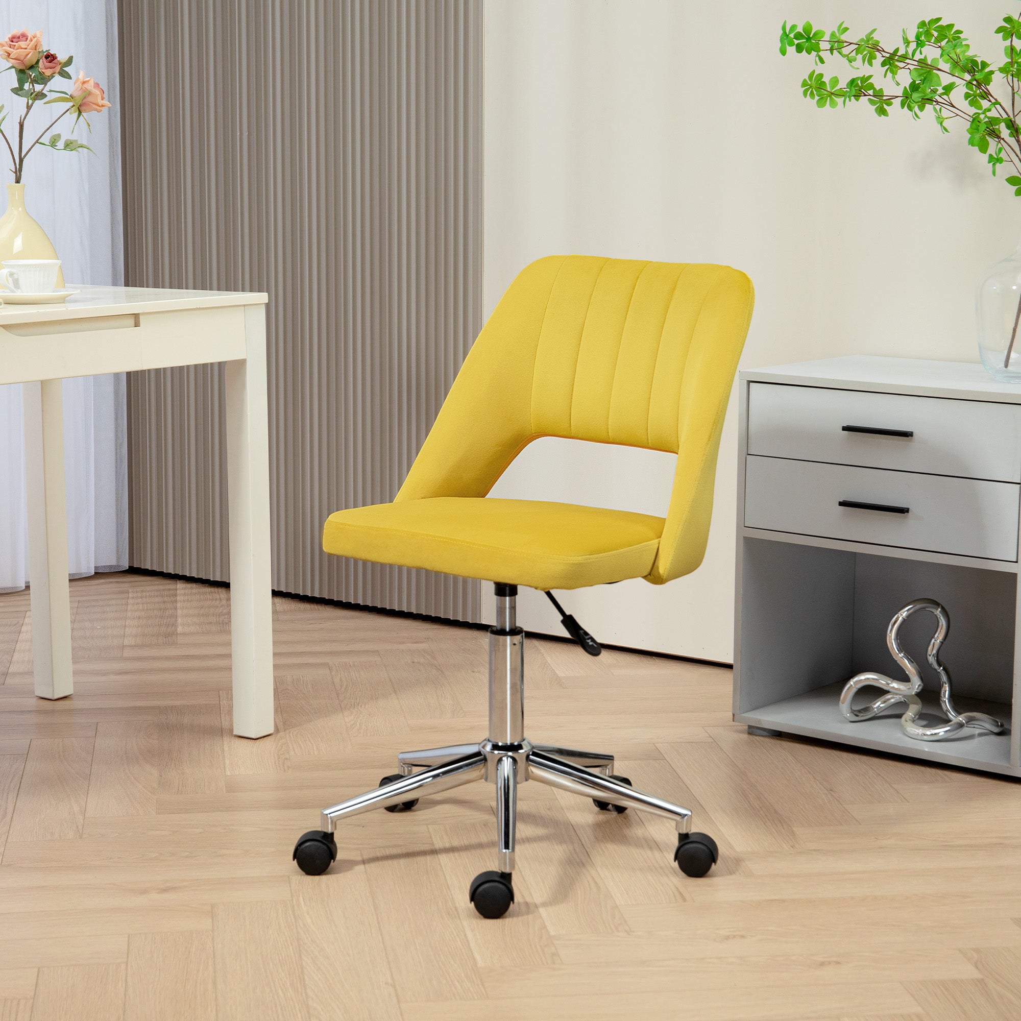 Mid Back Office Chair Velvet Fabric Swivel Scallop Shape Computer Desk Chair, Yellow Office Chairs at Gallery Canada