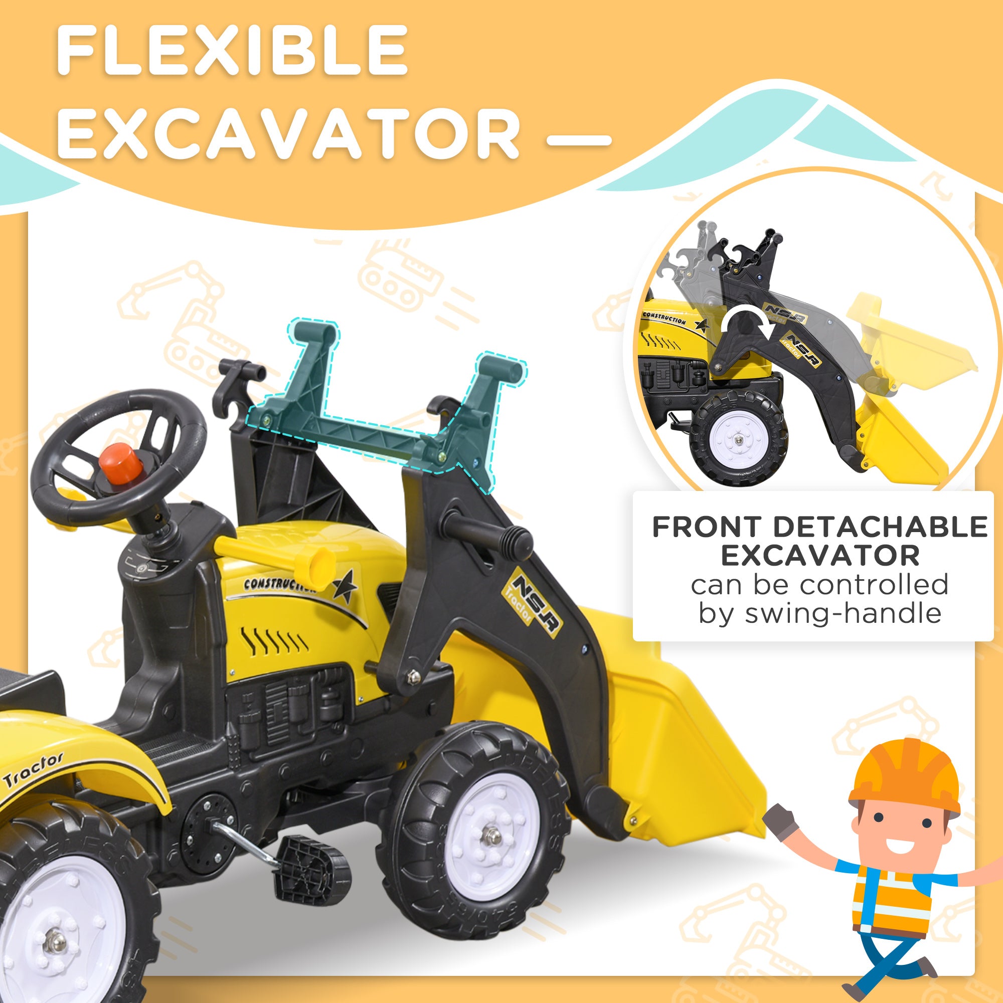 Front Loader Excavator Ride On Toy Pedal Control W/ 6 Wheels Controllable Bucket for 3-6 Years old Toy Excavators   at Gallery Canada