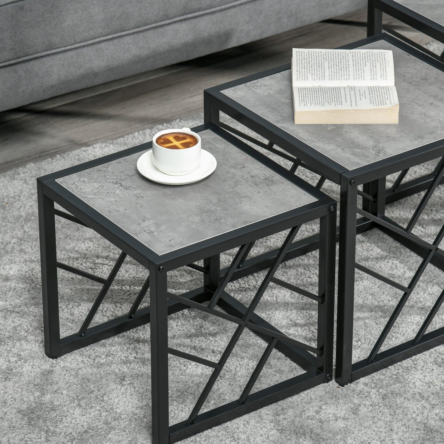 Nest of Tables Set of 3, Square Coffee Table Set with Metal Frame for Living Room, Bedroom, Grey Coffee Tables   at Gallery Canada