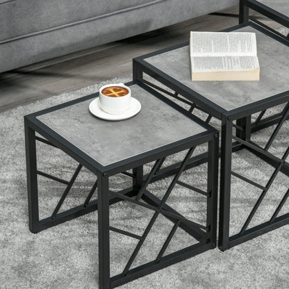 Nest of Tables Set of 3, Square Coffee Table Set with Metal Frame for Living Room, Bedroom, Grey Coffee Tables   at Gallery Canada