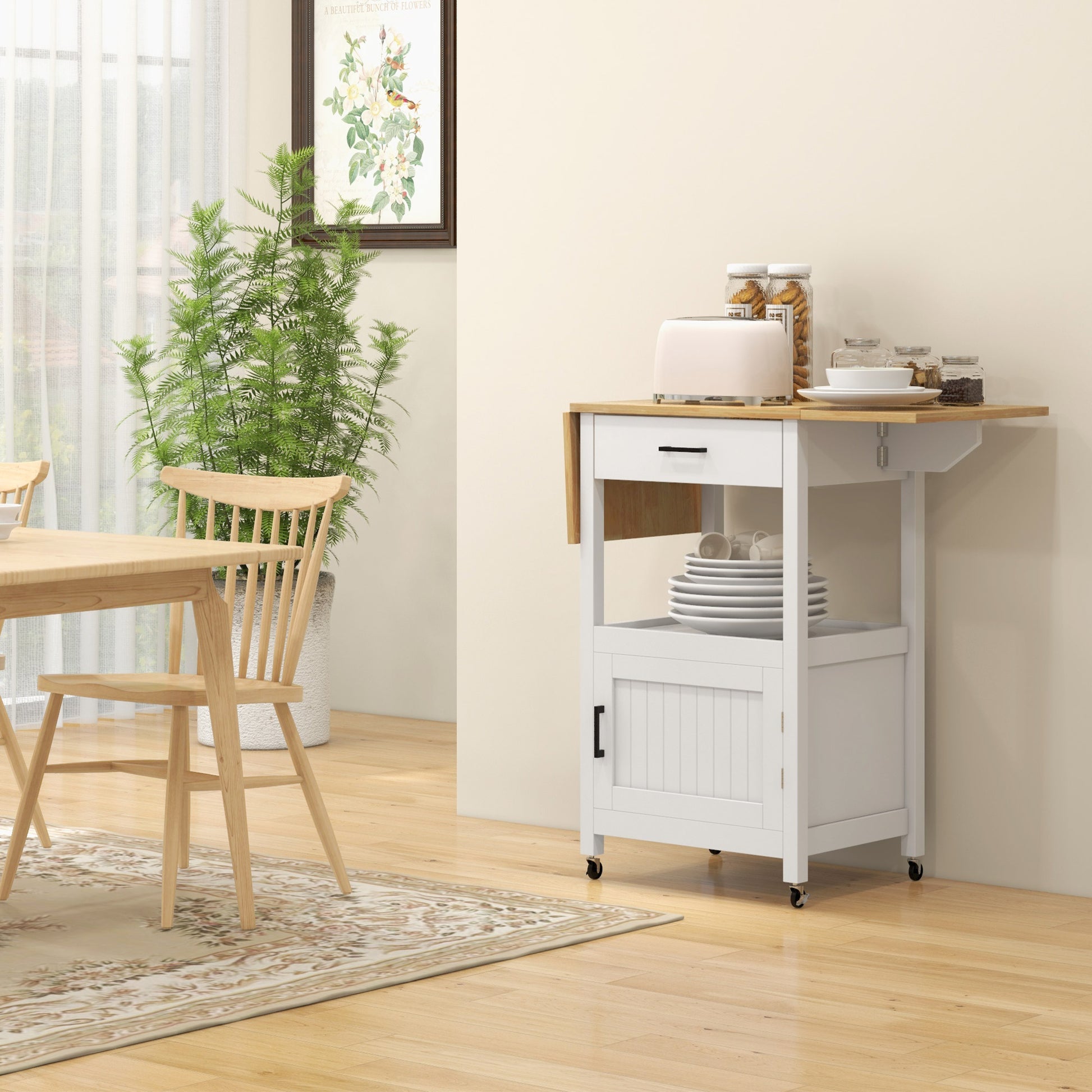 Foldable Kitchen Island with Storage Drawer, Wood Top Coffee Cart on Wheels, Kitchen Cart with Cabinet, White Kitchen Islands & Kitchen Carts Multi Colour  at Gallery Canada