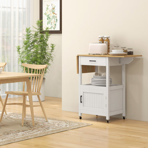 Foldable Kitchen Island with Storage Drawer, Wood Top Coffee Cart on Wheels, Kitchen Cart with Cabinet, White