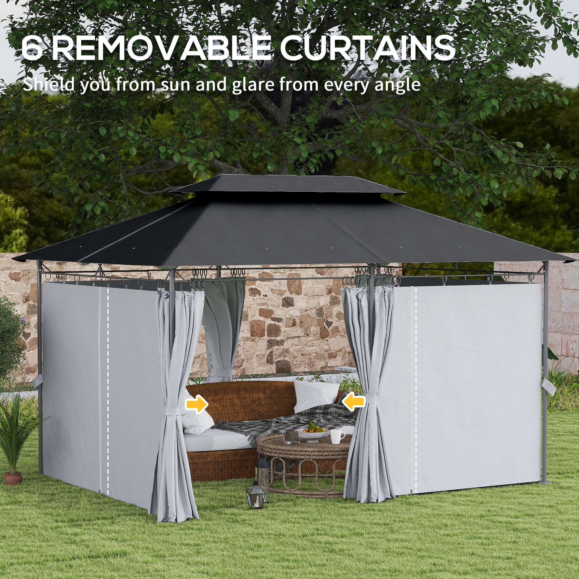 10' x 13' Double Roof Patio Gazebo, Outdoor Gazebo with Curtains, for Garden, Lawn, Backyard and Deck, Dark Grey Gazebos at Gallery Canada