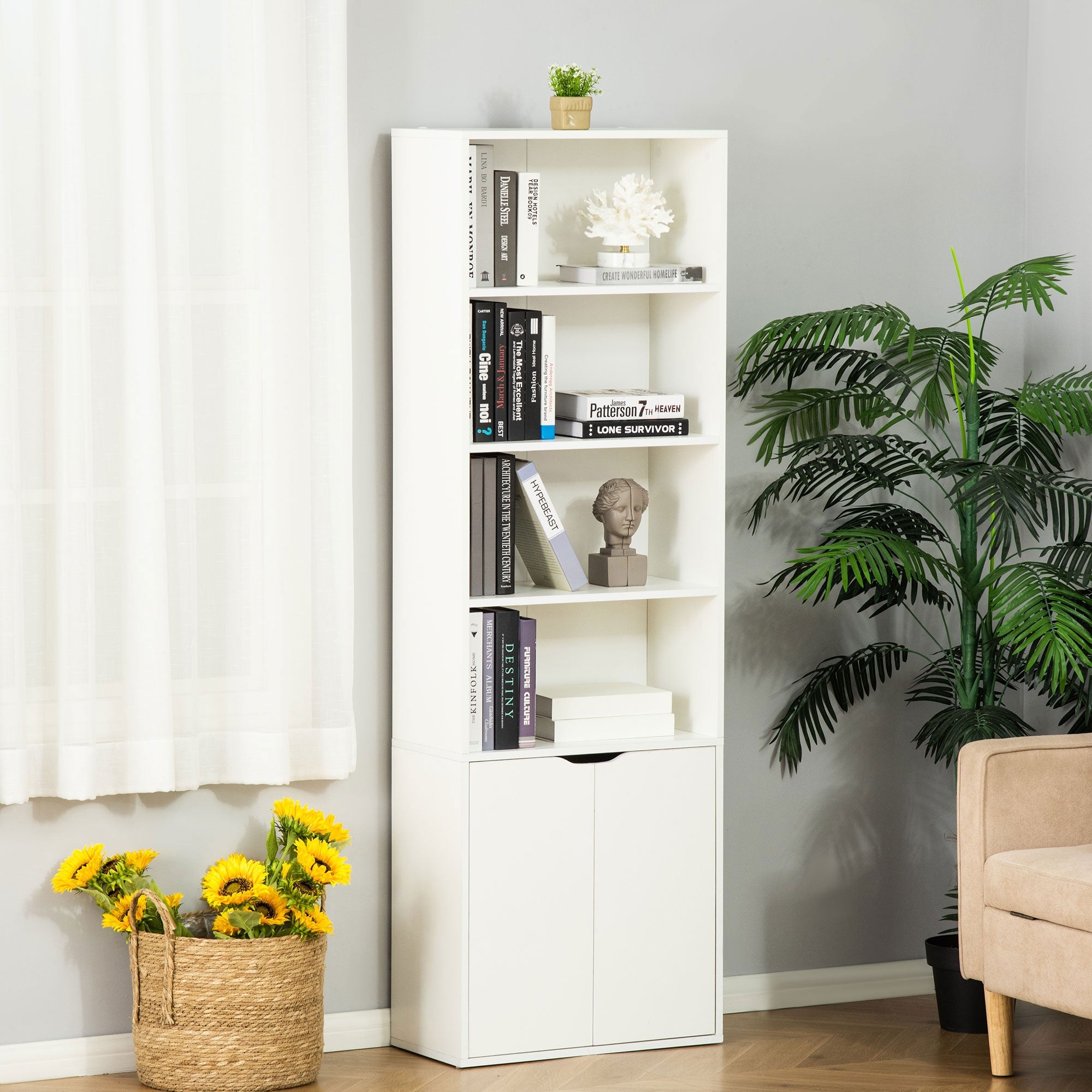 4-Tier Open Bookshelf with Doors Modern Home Office Bookcase Storage Cabinet for Living Room Bathroom Study, White White Bookshelves   at Gallery Canada