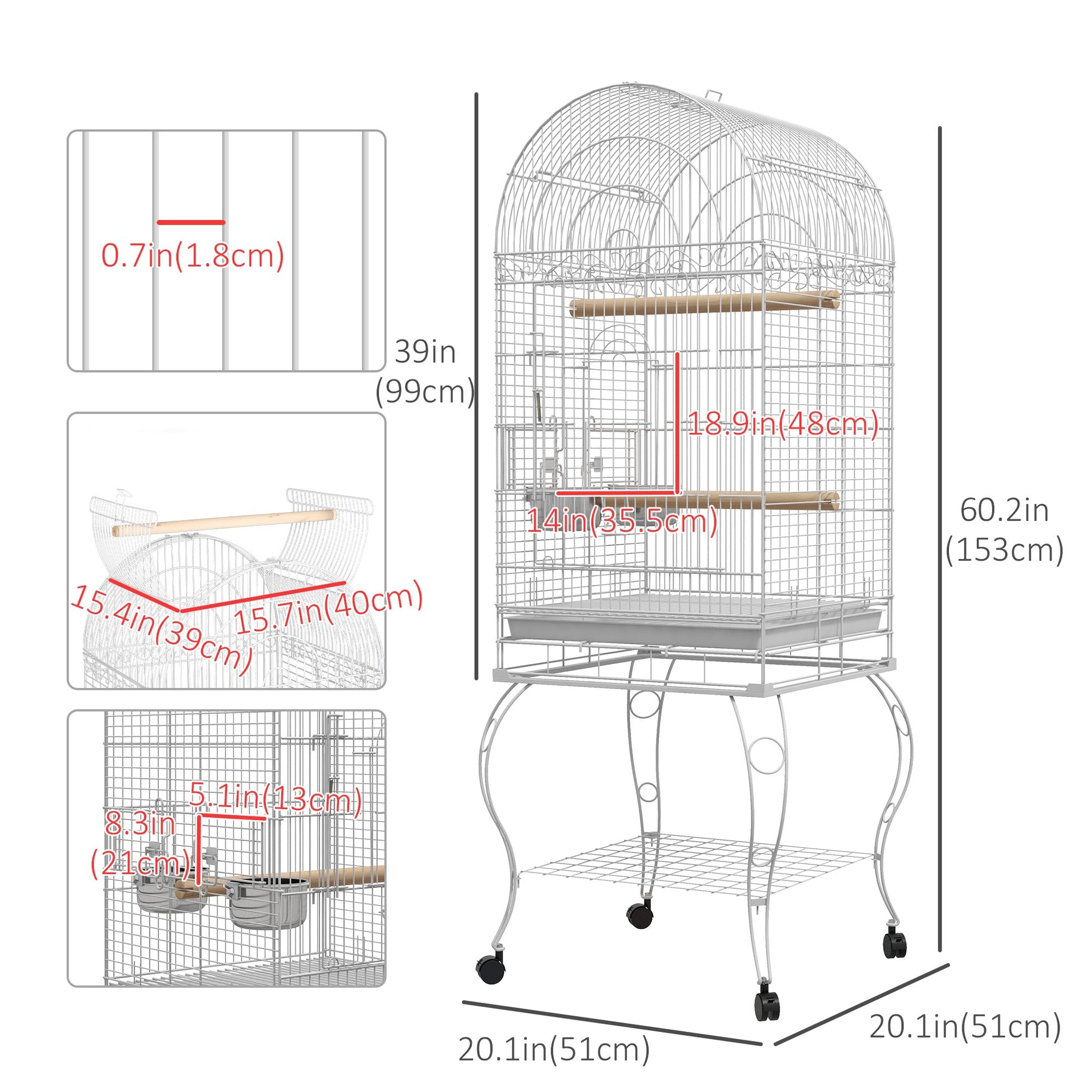 Play Open Top Bird Cage 60" Parrot Cage for Cockatiel, Sun Conure with Rolling Stand, Removable Tray, Perches, Storage Shelf White, 20.1" x 20.1" Bird Cages   at Gallery Canada