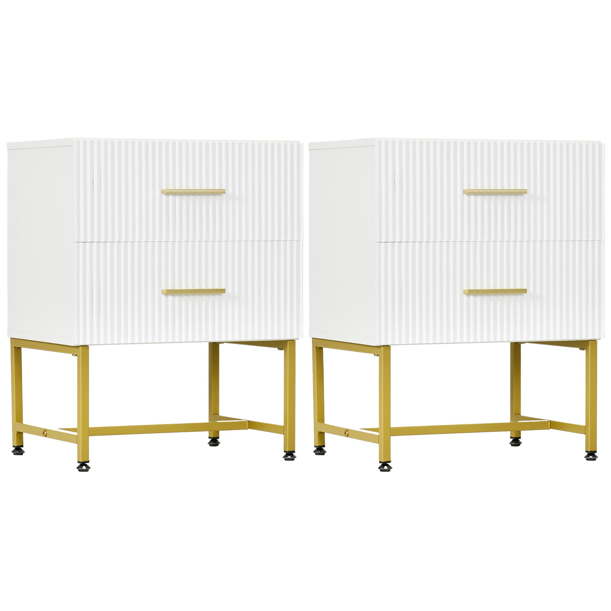 2 Pieces Nightstands with Storage, Modern Bedside Tables with 2 Fluted Drawers and Gold Legs for Bedroom, White Bedside Tables   at Gallery Canada