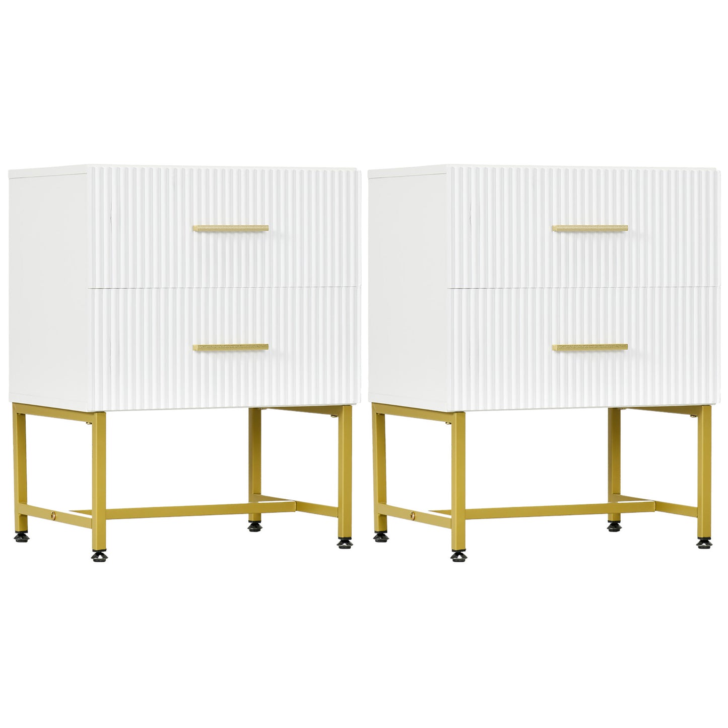 2 Pieces Nightstands with Storage, Modern Bedside Tables with 2 Fluted Drawers and Gold Legs for Bedroom, White Bedside Tables   at Gallery Canada