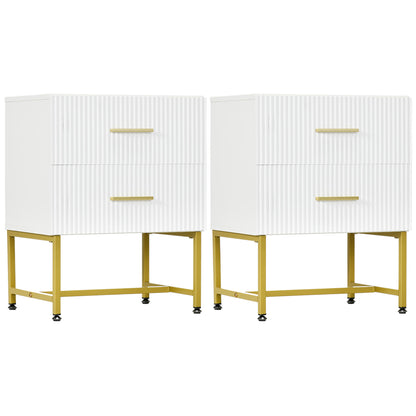 2 Pieces Nightstands with Storage, Modern Bedside Tables with 2 Fluted Drawers and Gold Legs for Bedroom, White Bedside Tables   at Gallery Canada