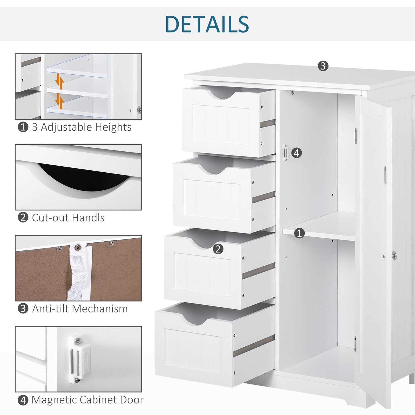 Bathroom Storage Cabinet, Floor Cabinet with Adjustable Shelf and 4 Drawers, Side Cabinet for Washroom, White Bathroom Cabinets   at Gallery Canada