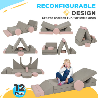 12-Piece Modular Kids Play Couch Building Fort for Playroom Bedroom, Convertible Kids Sofa, Grey Kids Chairs & Seating   at Gallery Canada