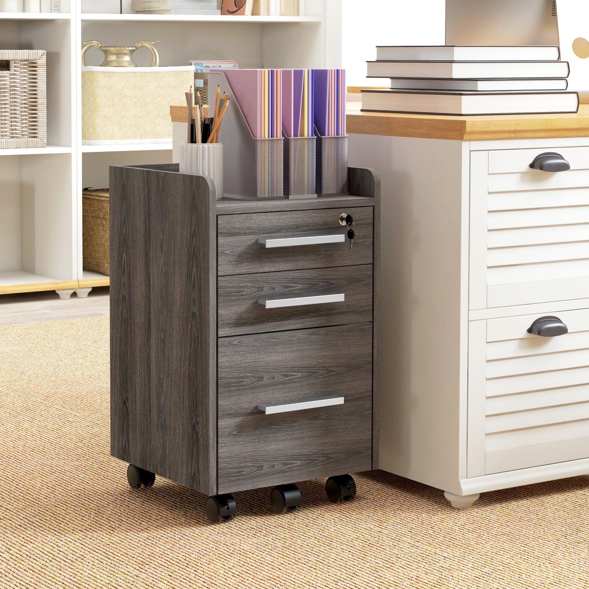 3 Drawer Vertical File Cabinet, Mobile Filing Cabinet with Lock and Wheels for A4, Letter Size, Grey Office Cabinets & Cupboards at Gallery Canada
