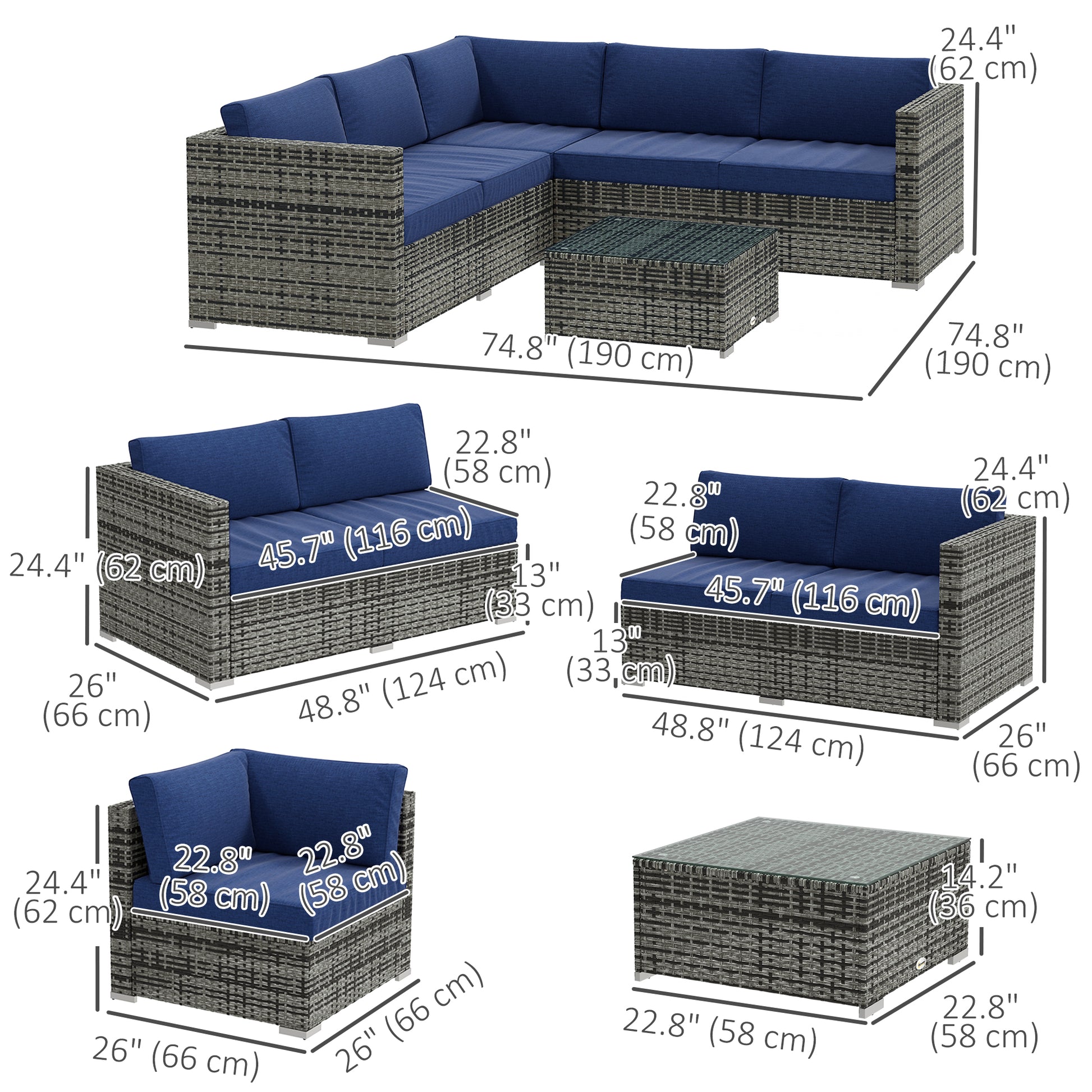 4 Pieces Rattan Wicker Outdoor Conversation Furniture Set w/ Corner Sofa Loveseats Coffee Table Cushions, Navy Blue Patio Furniture Sets at Gallery Canada