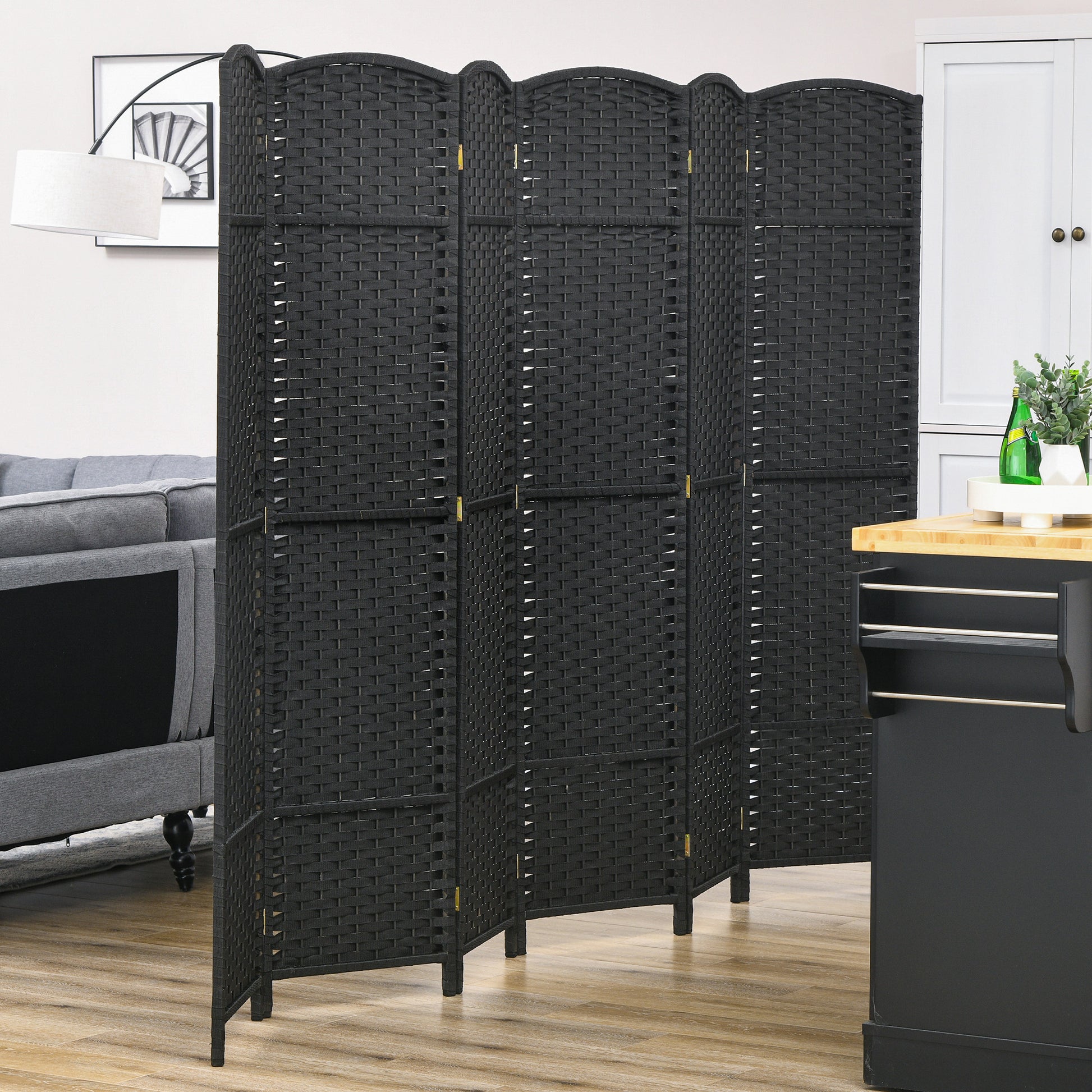 5.6 Ft Tall Folding Room Divider, 6 Panel Portable Privacy Screen, Hand-Woven Partition Wall Divider, Black Room Dividers   at Gallery Canada