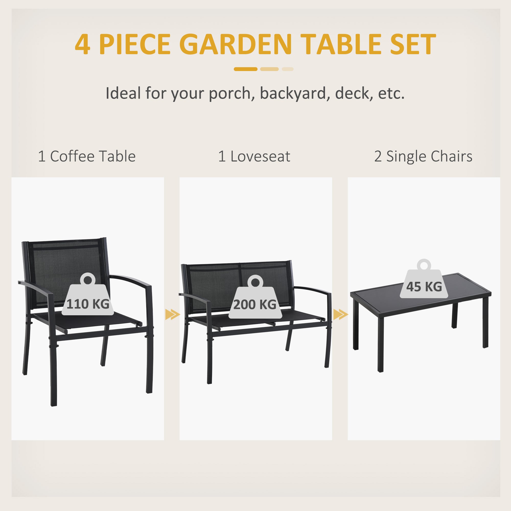 4-Piece Patio Furniture Set with Glass Top Coffee Table, Breathable Mesh Seat &; Backrest for Garden, Balcony, Black Patio Furniture Sets at Gallery Canada