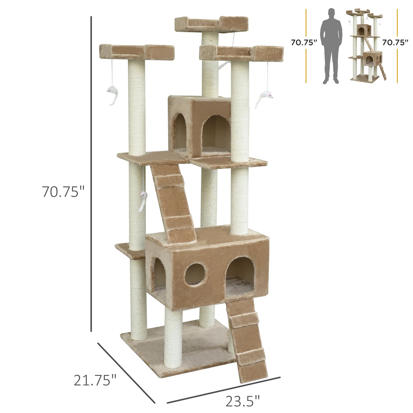 71-Inch Cat Tree Furniture Pet Tower House with Scratch Post and Condo, Beige Cat Towers   at Gallery Canada