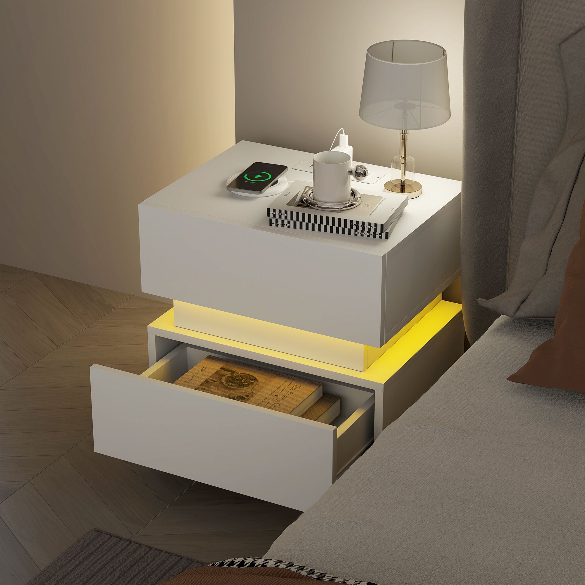 Bedside Table with Charging Station and LED Light Modern Nightstand with USB Ports AC Outlets Drawers Remote, White Bedside Tables at Gallery Canada