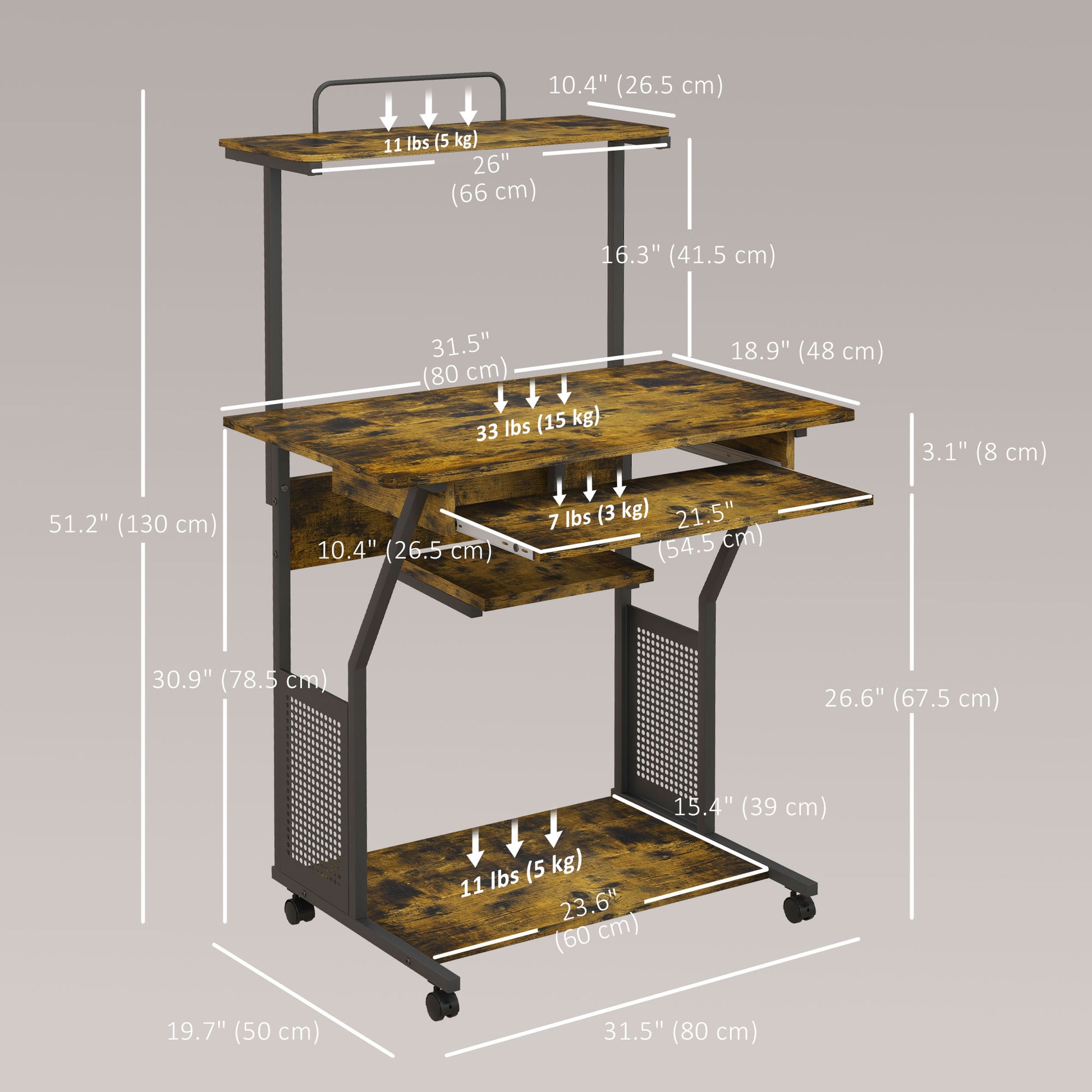 32" Mobile Computer Table, Rolling Study Desk for Home Office with Keyboard Tray, Storage Shelves, Wheels, Rustic Brown Computer Desks   at Gallery Canada