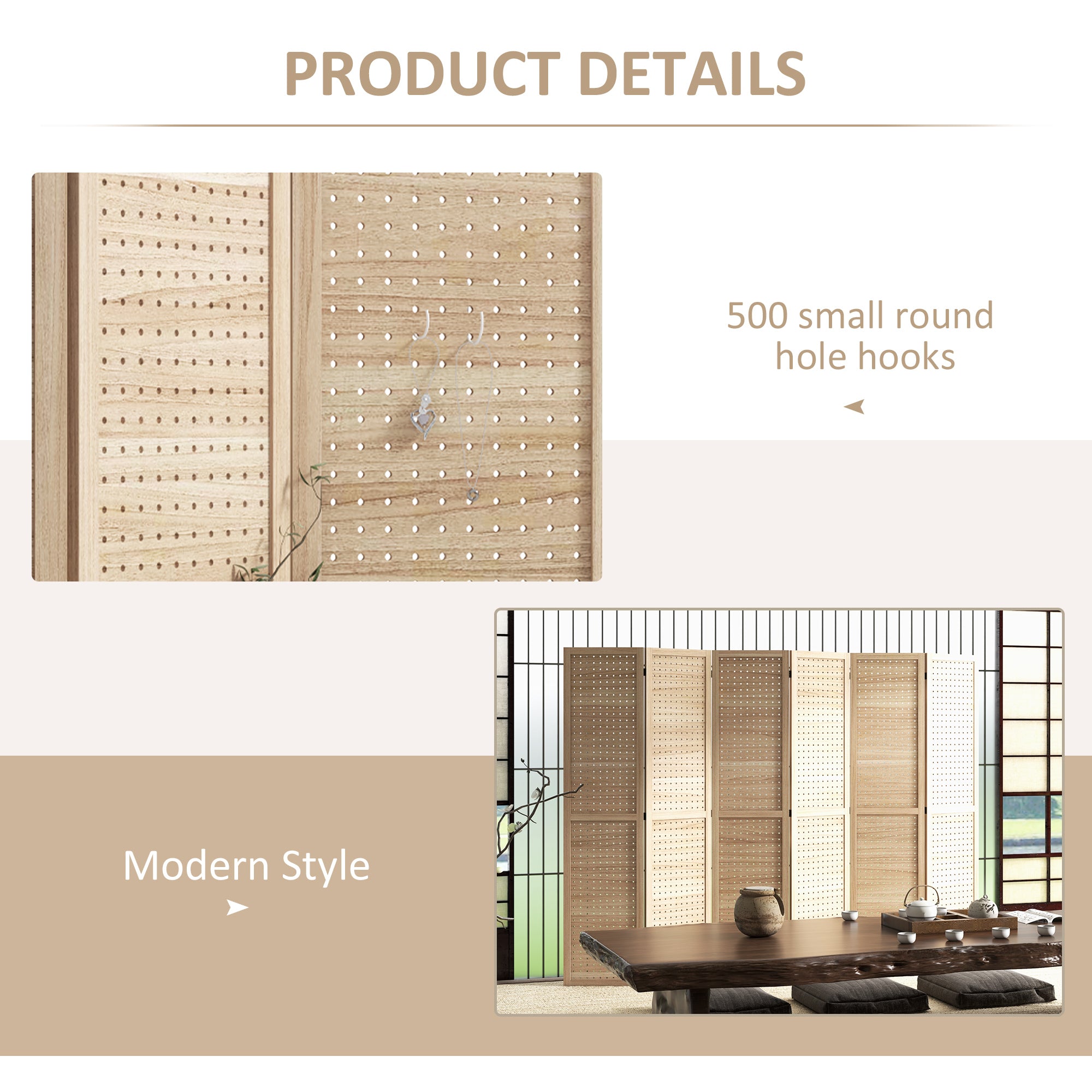 5.6 Ft. Tall 6-Panel Room Divider, Pegboard Panel Freestanding Folding Privacy Screen Panels, Partition Wall Divider for Indoor Bedroom Office, Natural Room Dividers at Gallery Canada