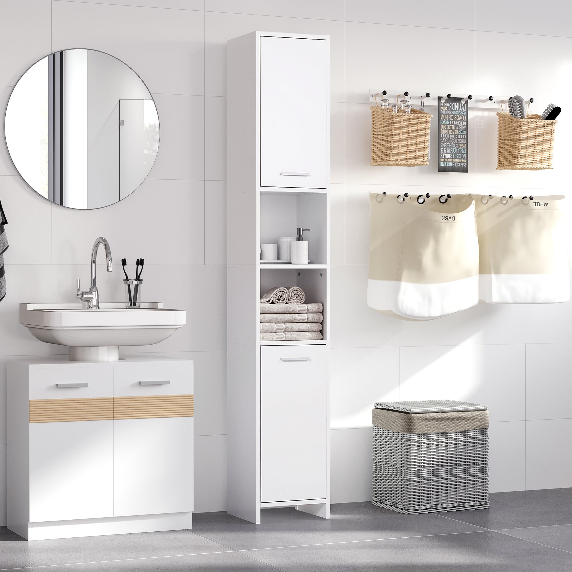 Tall Bathroom Vanities, Narrow Bathroom Cabinets with 2 Doors, Open Compartment and Adjustable Shelves, White Bathroom Cabinets   at Gallery Canada