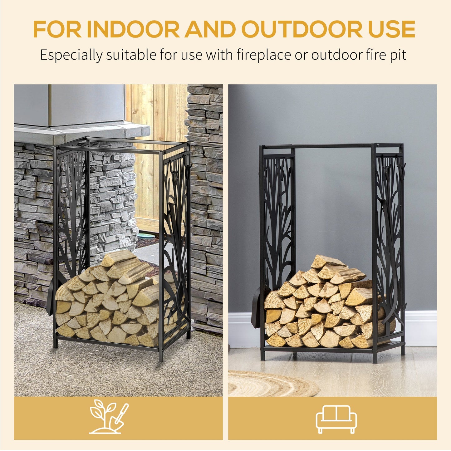 Firewood Rack with 4 Tools, Log Holder for Fireplace, Outdoor Indoor Wood Storage Stacker, 18.1" x 11.8" x 27.6", Black Firewood Racks   at Gallery Canada