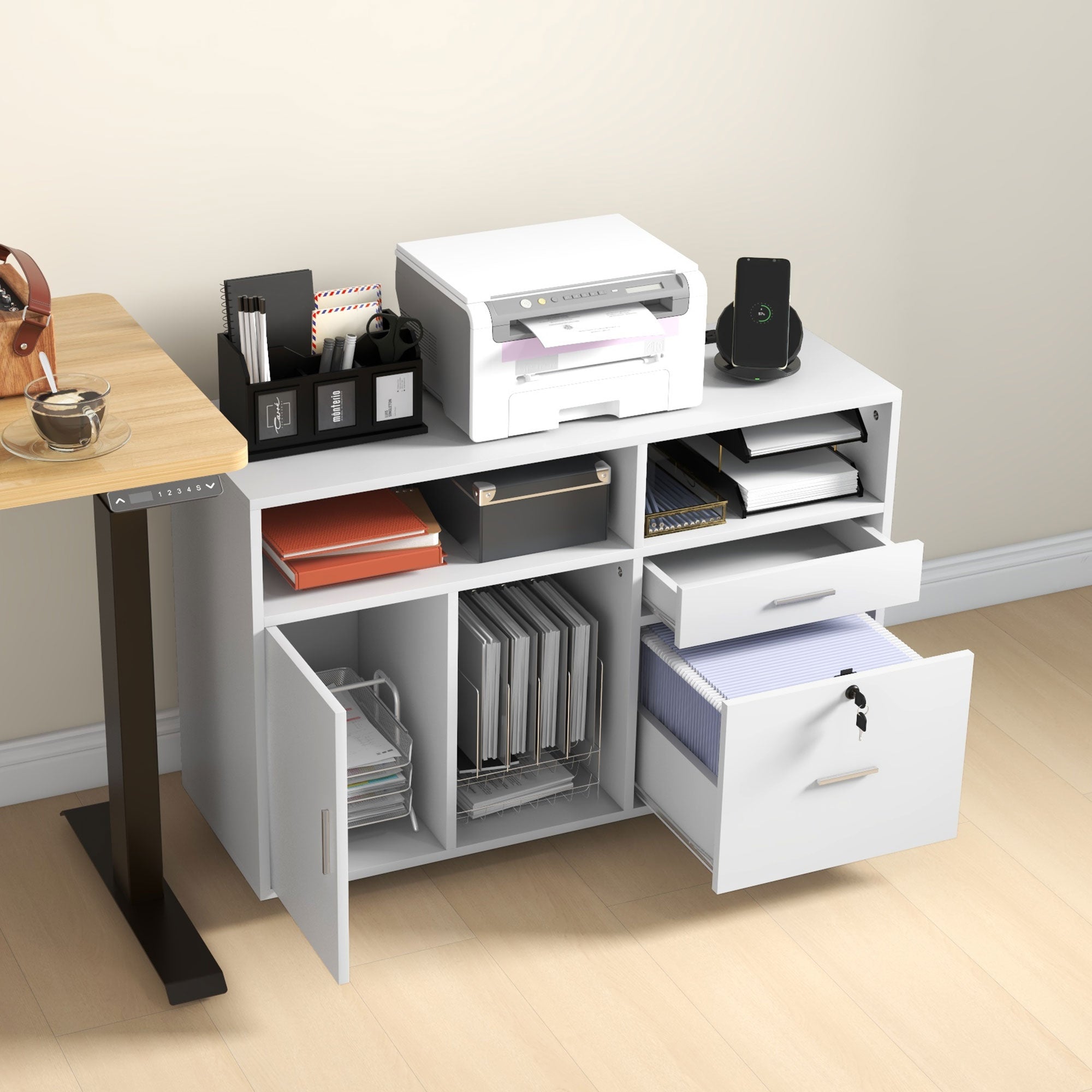 Mobile Printer Stand with Charging Station and USB Ports, Locking Filing Cabinet for A4 and Letter Size, White Office Cabinets & Cupboards   at Gallery Canada