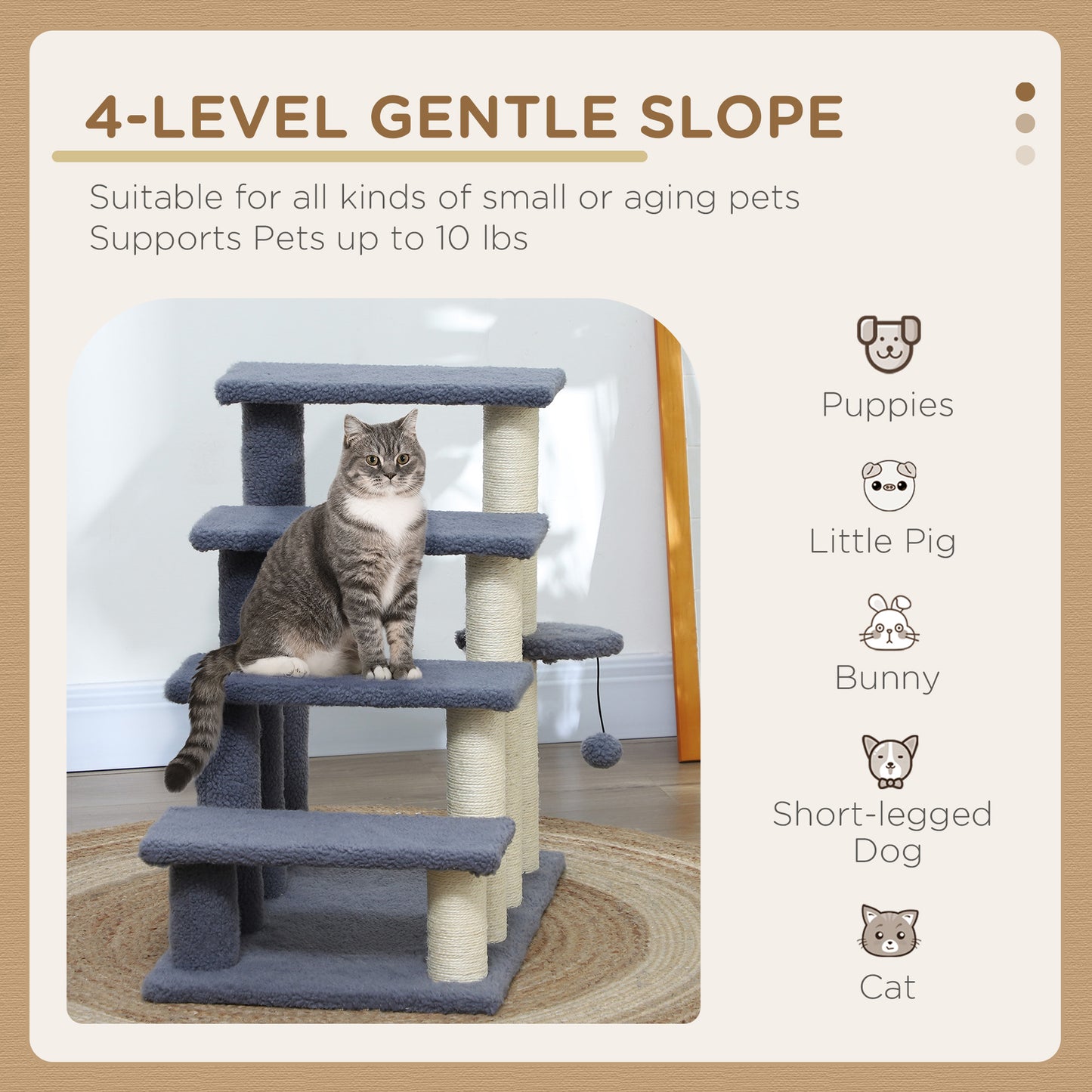 4 Step Cat Tree Stairs with Cat Scratching Post, Jumping Platform, Toy Ball, Grey Cat Stairs   at Gallery Canada