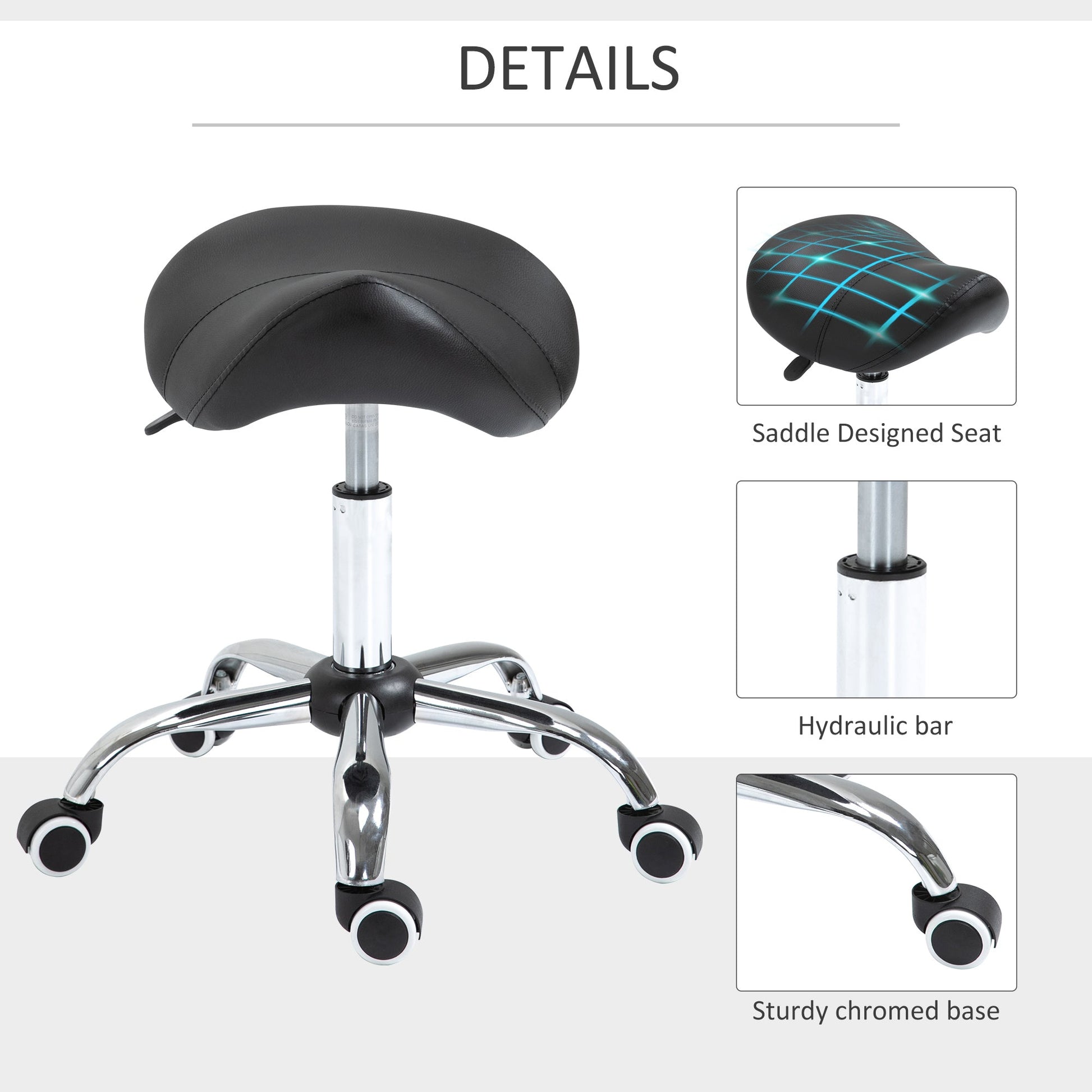 Adjustable Hydraulic Rolling Salon Stool Swivel Saddle Chair Spa Beauty Seat PU Leather, Black Salon Stools   at Gallery Canada