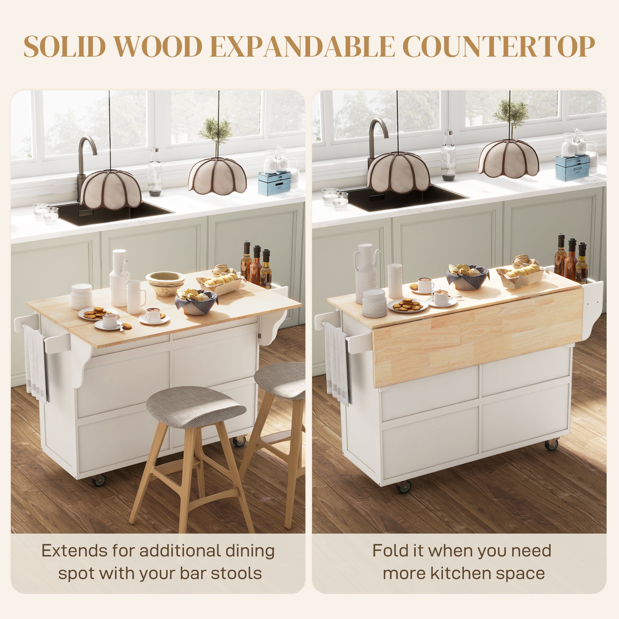 Kitchen Island with Storage, Rolling Kitchen Island with Drop Leaf, Rubber Wood Top and Adjustable Shelves, Cream White Kitchen Islands & Kitchen Carts at Gallery Canada