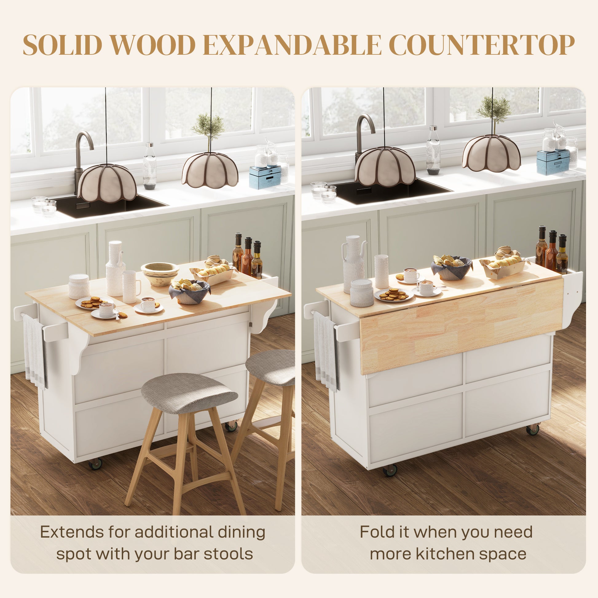 Kitchen Island with Storage, Rolling Kitchen Island with Drop Leaf, Rubber Wood Top and Adjustable Shelves, Cream White Kitchen Islands & Kitchen Carts at Gallery Canada