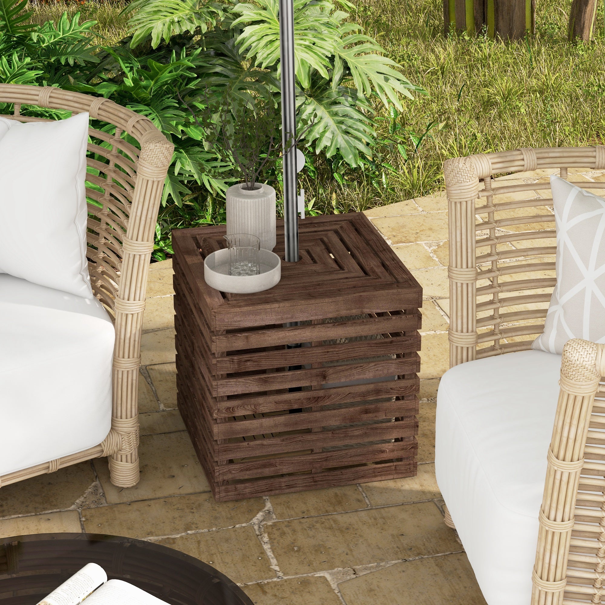 2-in-1 Outdoor Umbrella Base Storage Box Wooden Patio Side Table, Brown Patio Storage Boxes at Gallery Canada