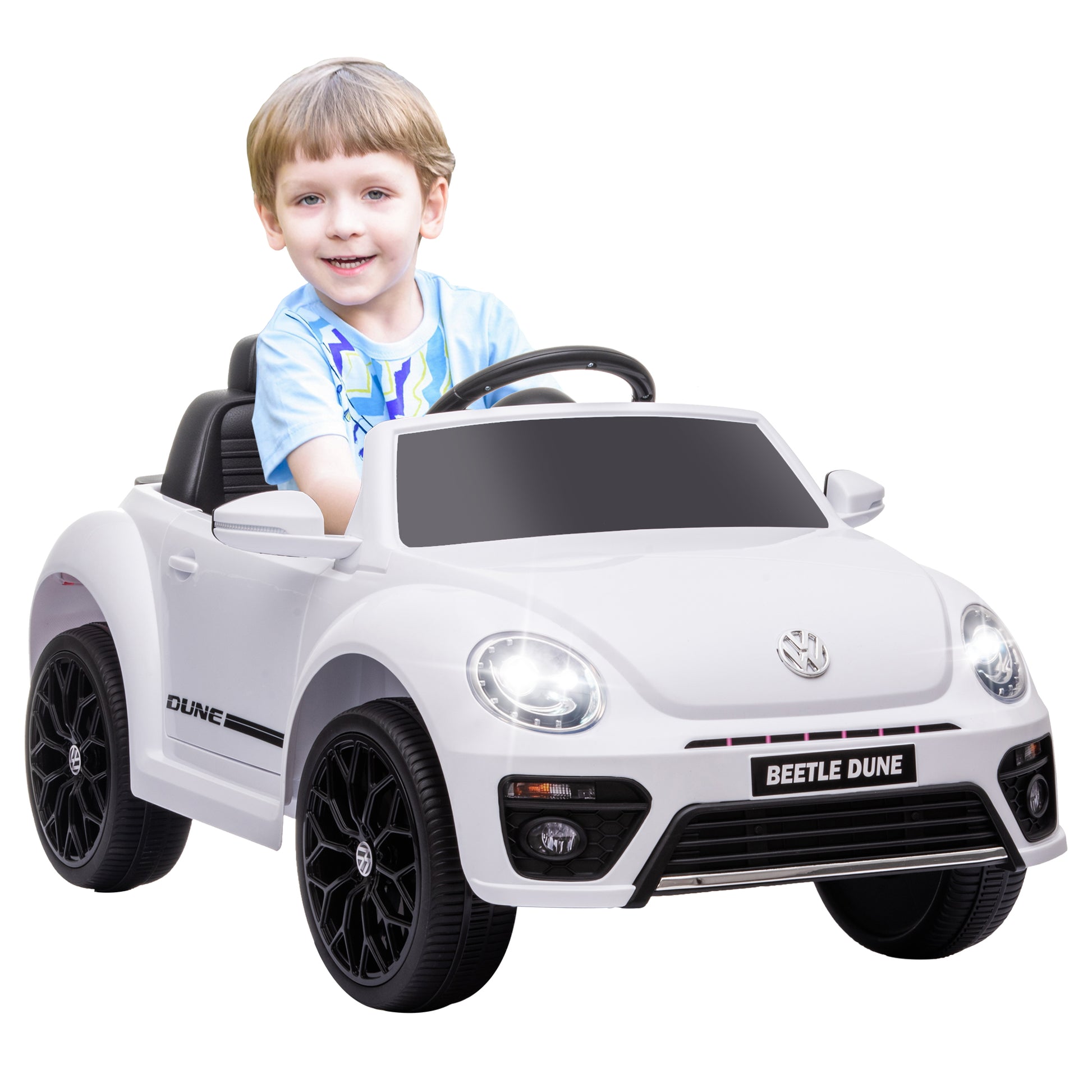 12V Volkswagen Beetle Licensed Electric Car for Kids w/ Remote Control, 4 Spring Suspension Wheels, Soft Start, White Electric Toy Cars   at Gallery Canada