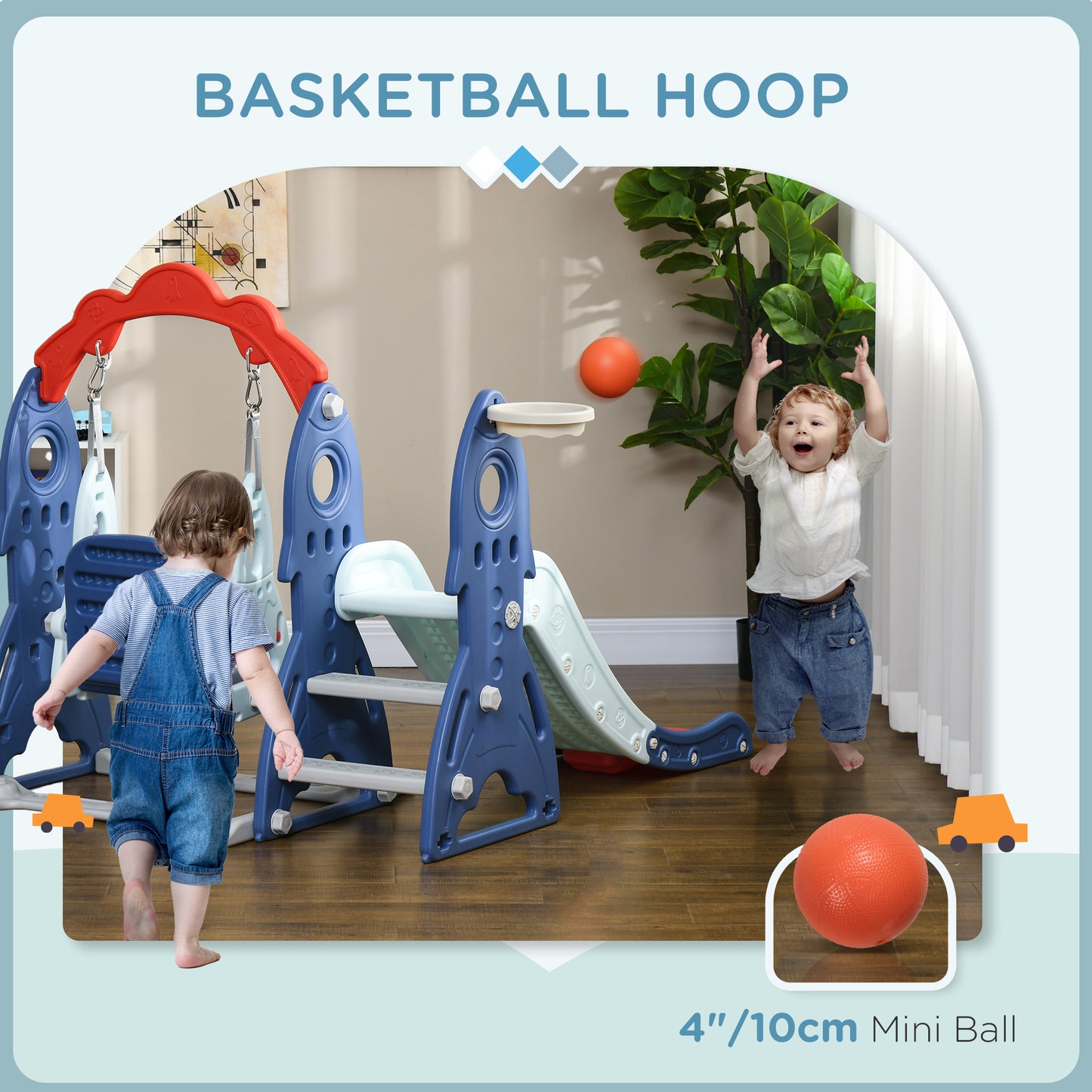 3 in 1 Kids Slide and Swing Set Indoor Playground w/ Basketball Hoop, Climber, Adjustable Swing, Dark Blue Gym Sets & Swings   at Gallery Canada